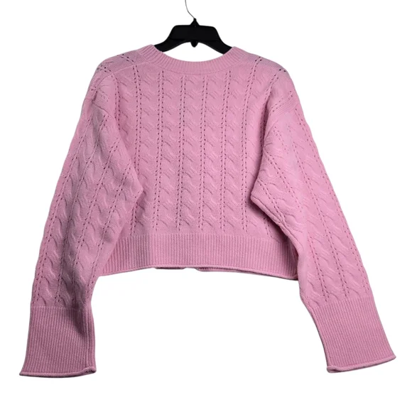 NWT LoveShackFancy Leota Wool Cashmere‎ Cardigan Pink Cable Knit Bow Sweater XL
